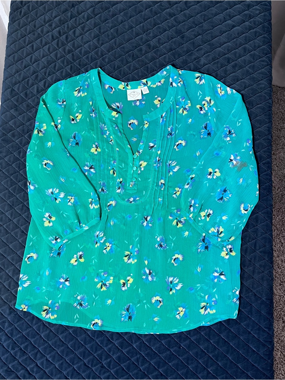St. John's Bay Teal Floral Pintuck Split-Neck Blouse - Lightweight - W/ Buttons
